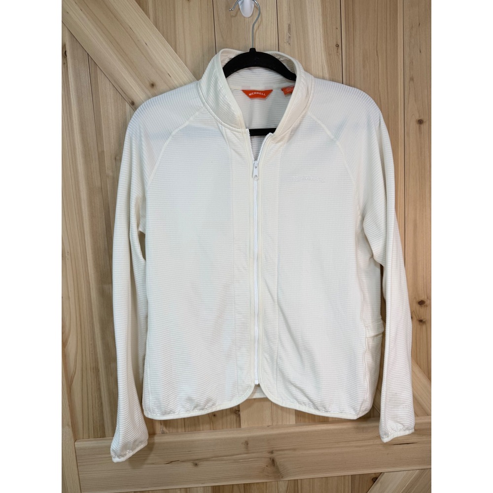 Merrell Womens Full Zip Ribbed Fleece Jacket Cream White Mock Neck Size Medium